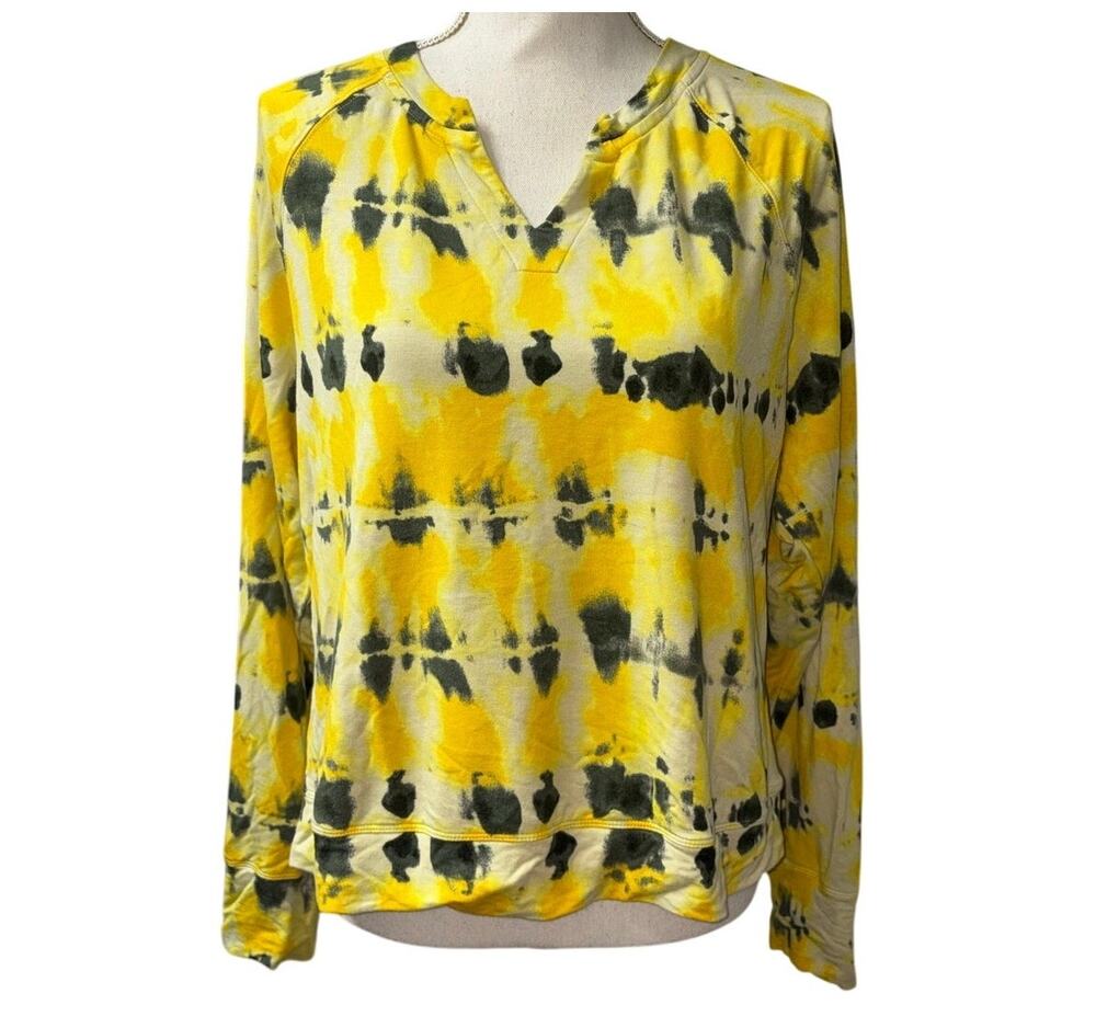 Cabi Women's Size Large L Yellow Black White Abstract Print Blouse Shirt Top